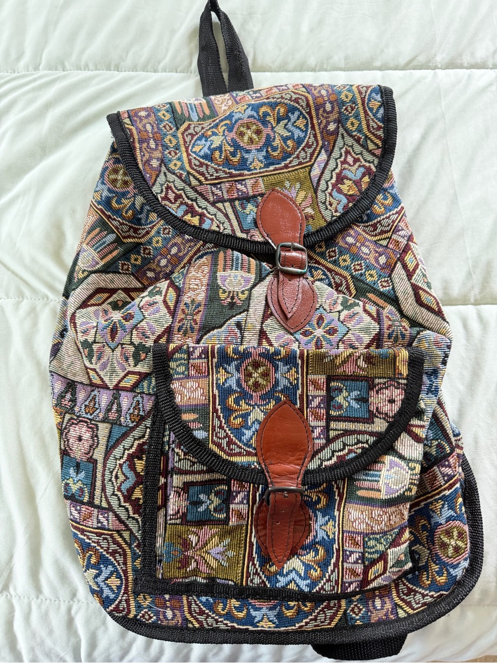 VTG Boho Tapestry Multicolor Women's Backpack with Brown Accent